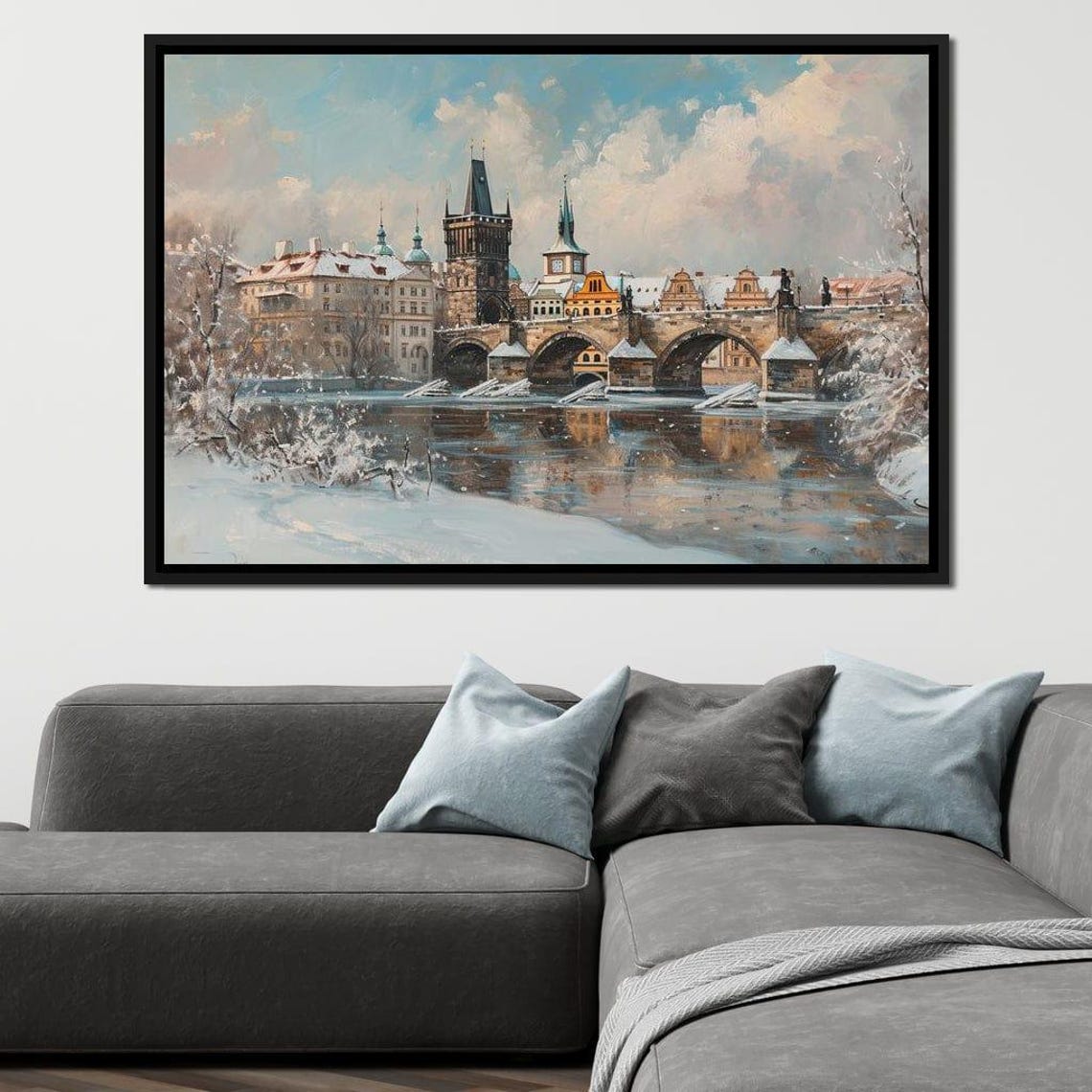 Prague Charles Bridge Snowy Winter River Five Panel Canvas Art Poster - Image 2