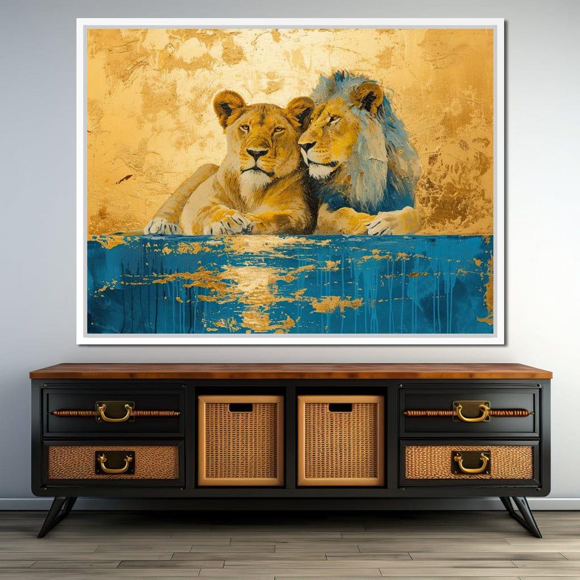 Golden Lion Lioness Pair Teal Blue Modern Wildlife Wall Art Poster - Image 4
