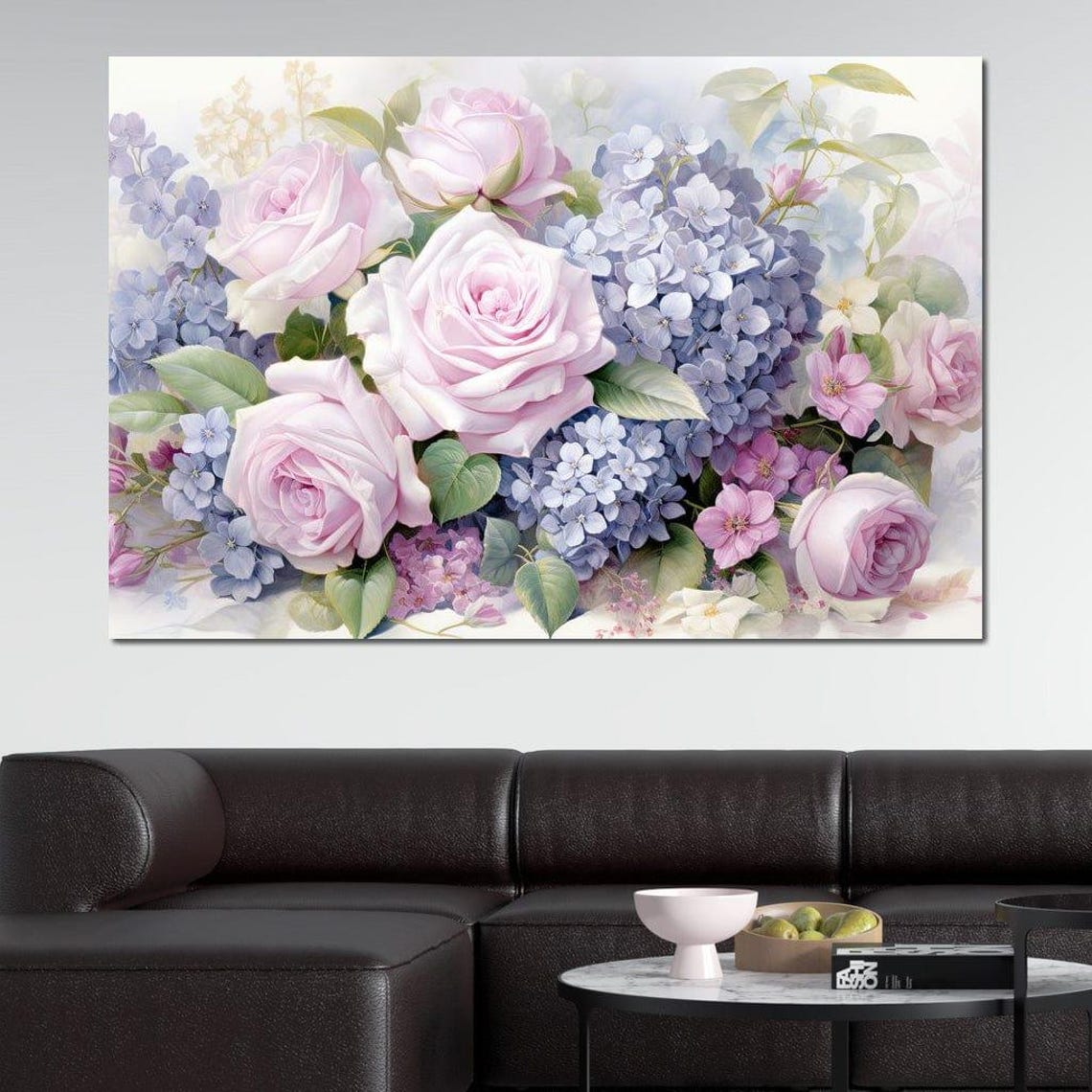 Pink Roses Blue Hydrangea Bouquet Watercolor Spring Art Print - Image 2