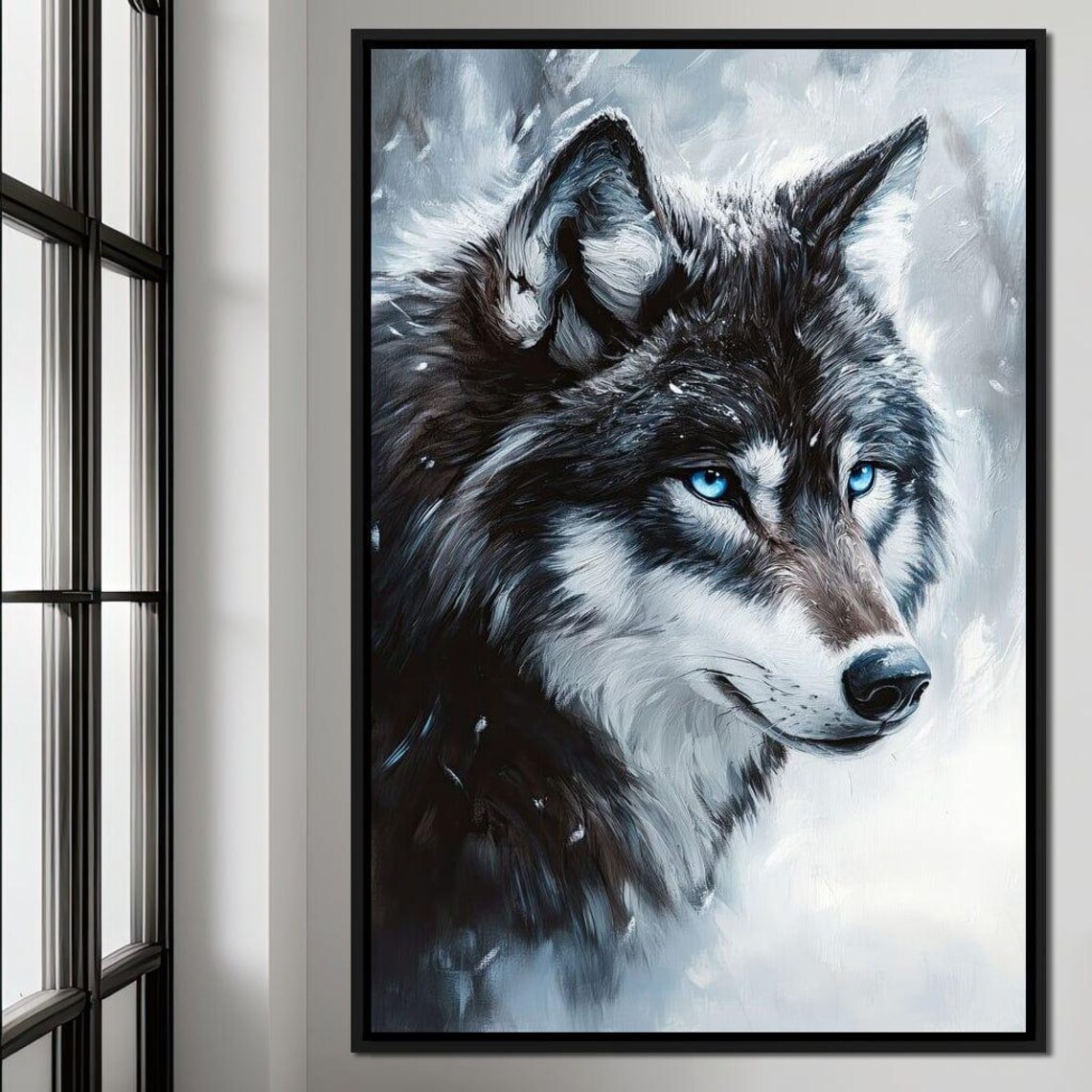 Black Wolf Blue Eyes Snow Painterly Portrait Winter Wildlife Art Print