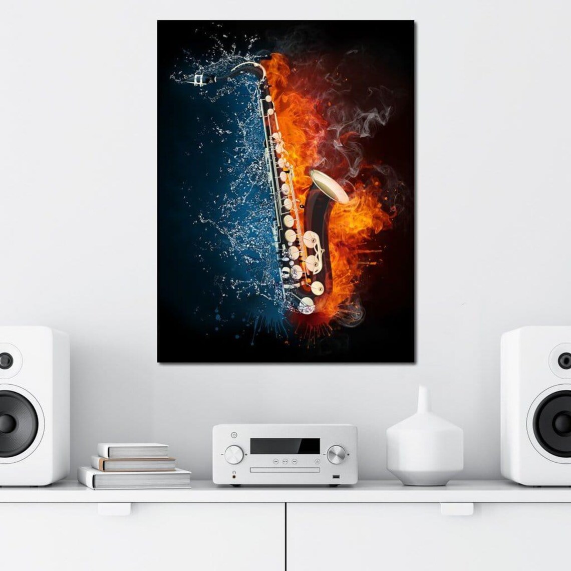 Saxophone Fire Water Jazz Music Abstract Flames Blue Splash Wall Art Poster - Image 2