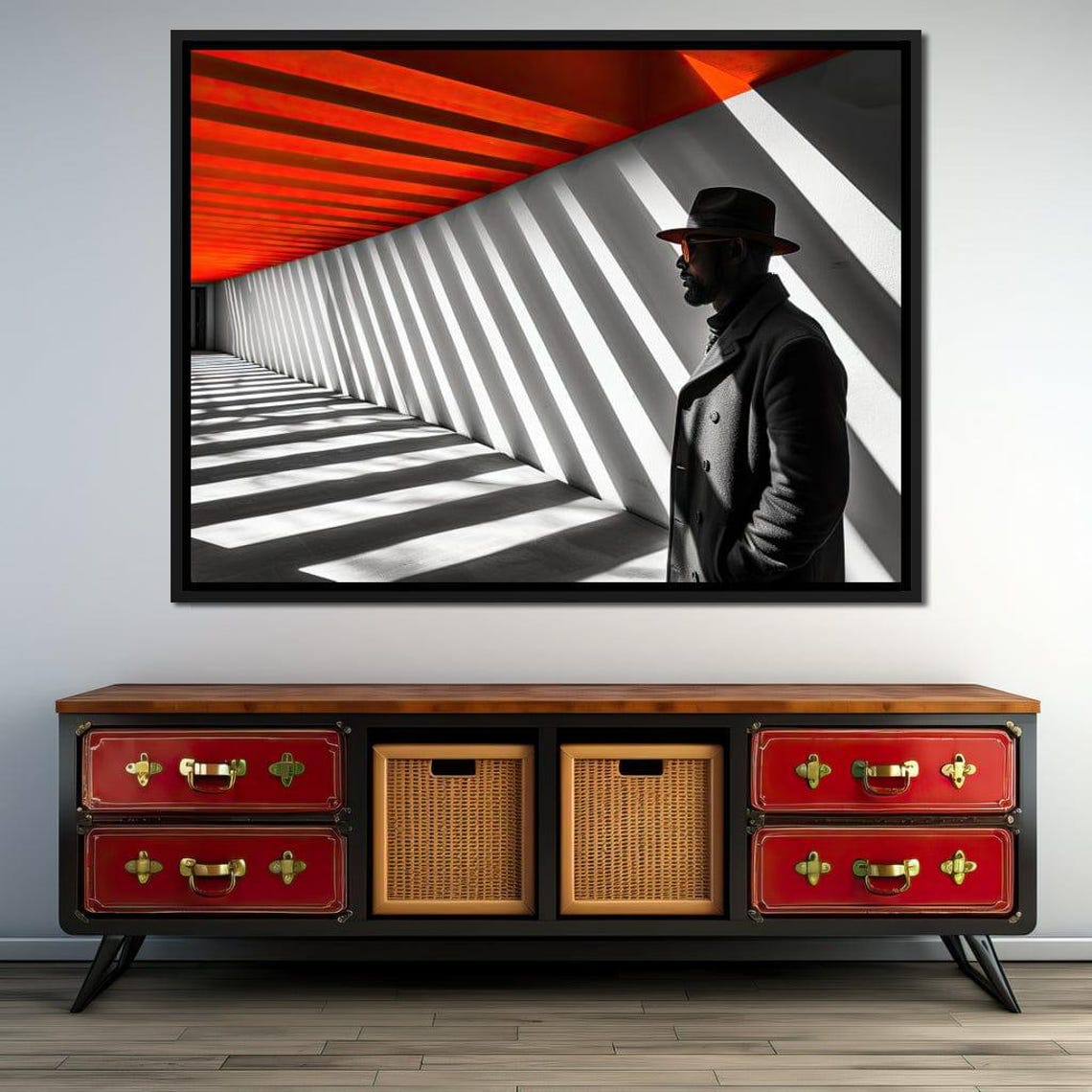 Man Fedora Hat Red Ceiling Light Shadow Corridor Noir Style Poster