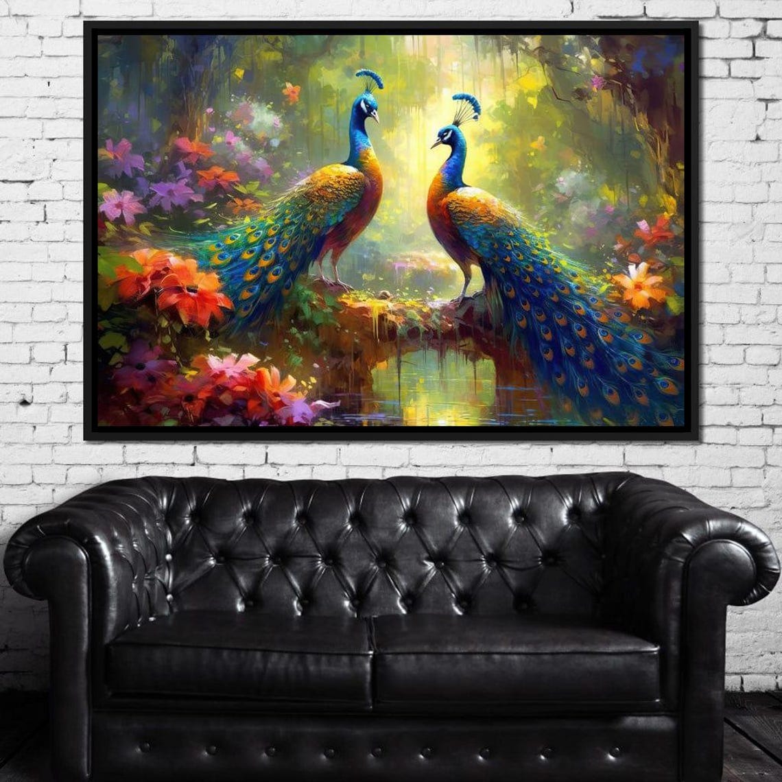 Two Peacocks Lush Tropical Flowers Vibrant Forest Pair Painting Print - Image 3