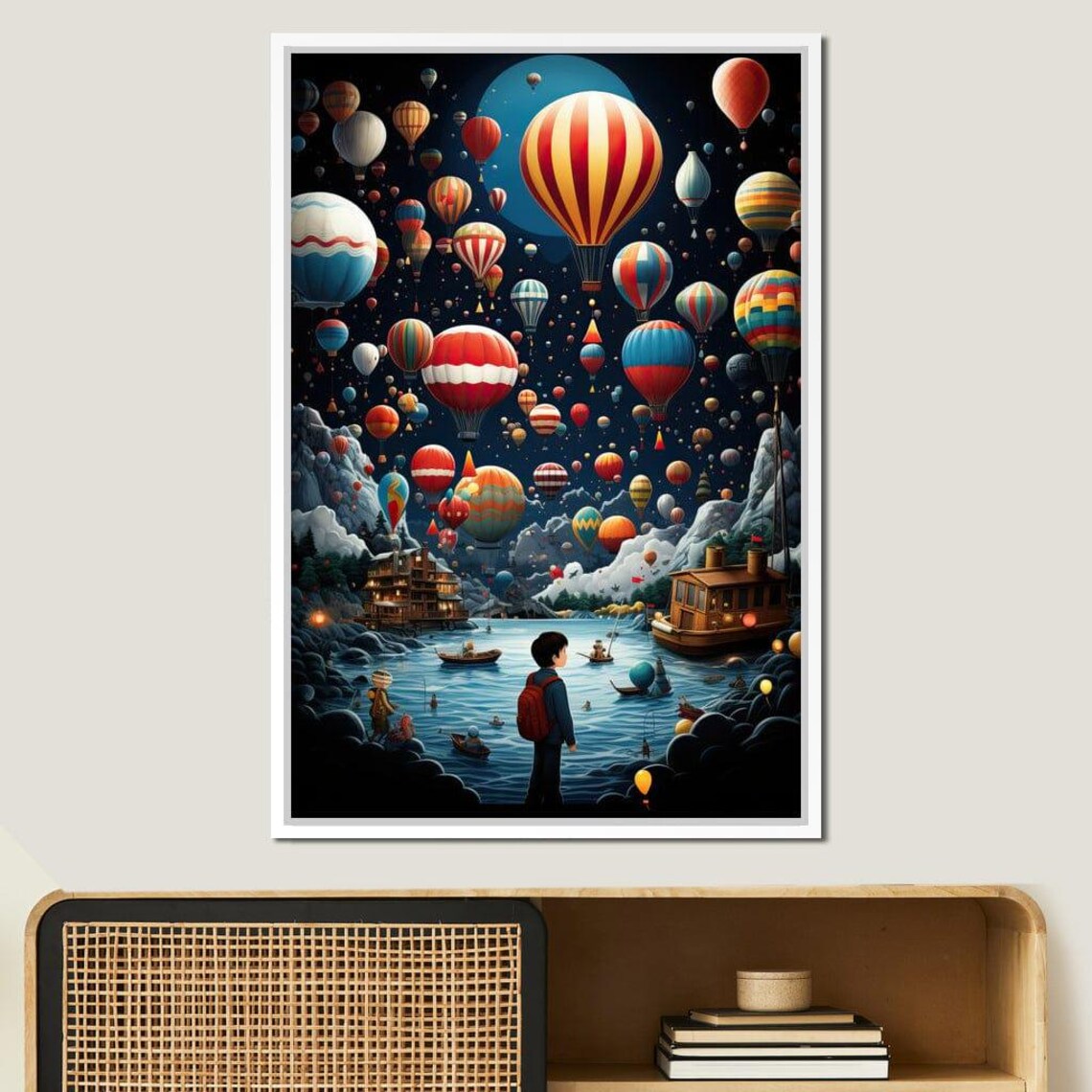 Hot Air Balloons Night Sky Boy Adventure Dreamy Landscape Art Print - Image 4