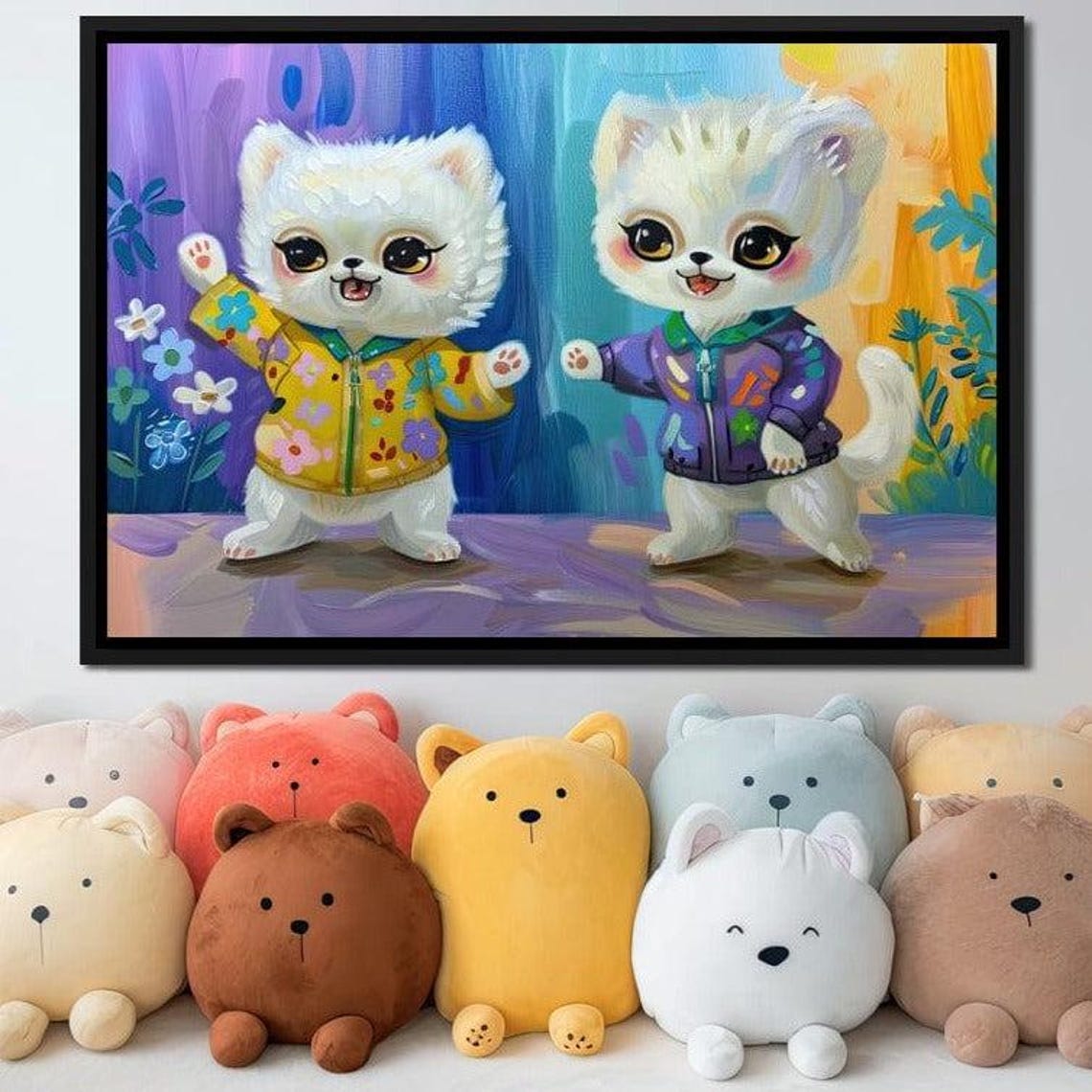 Two Cute Kittens In Colorful Jackets Whimsical Animal Painting Print - Image 4