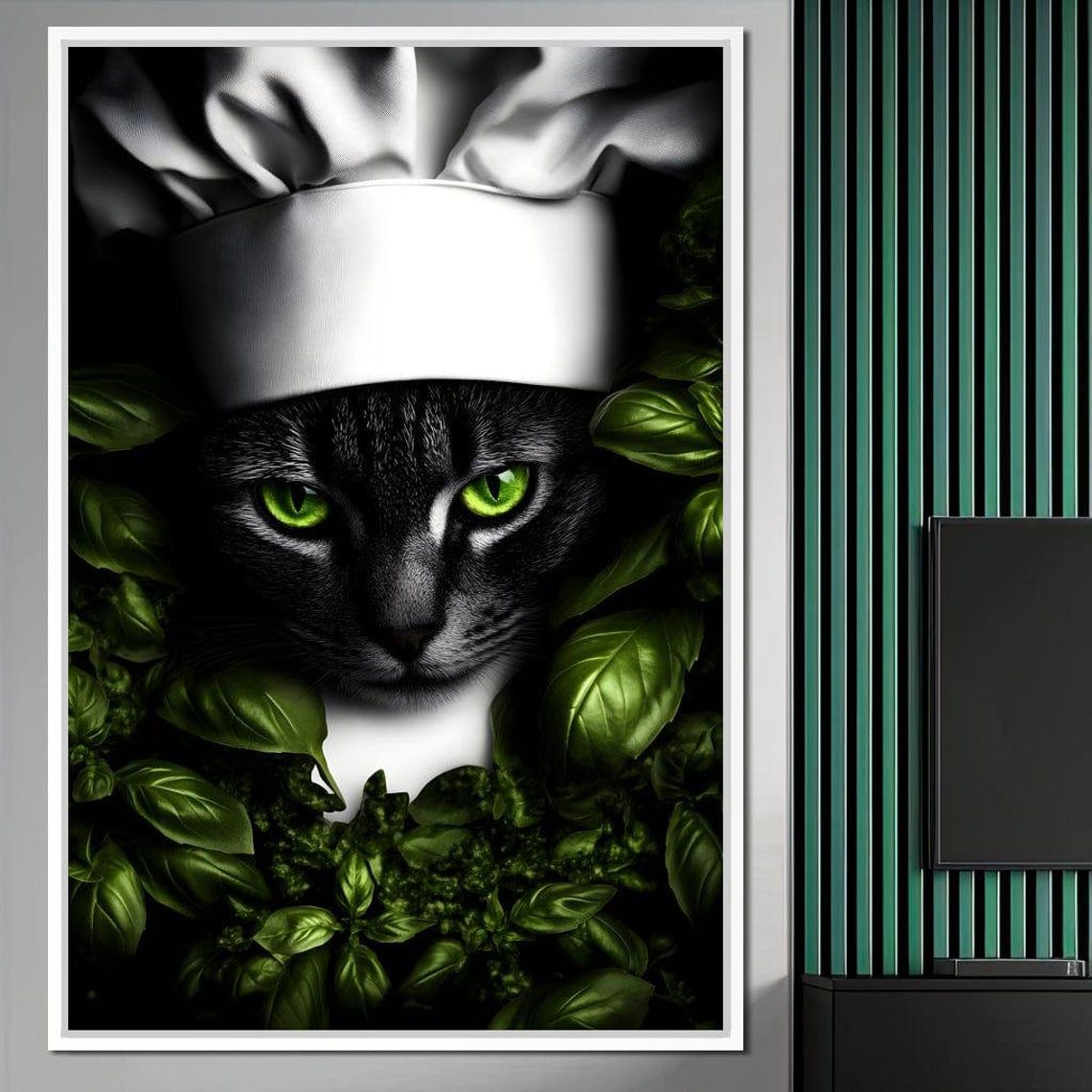 Chef Cat Green Eyes Basil Leaves Kitchen Framed Whimsical Wall Art - Image 3