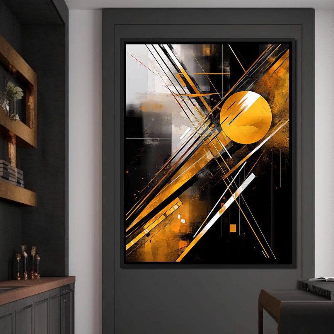 Black Gold Geometric Abstract Golden Sun Lines Modern Minimalist Print