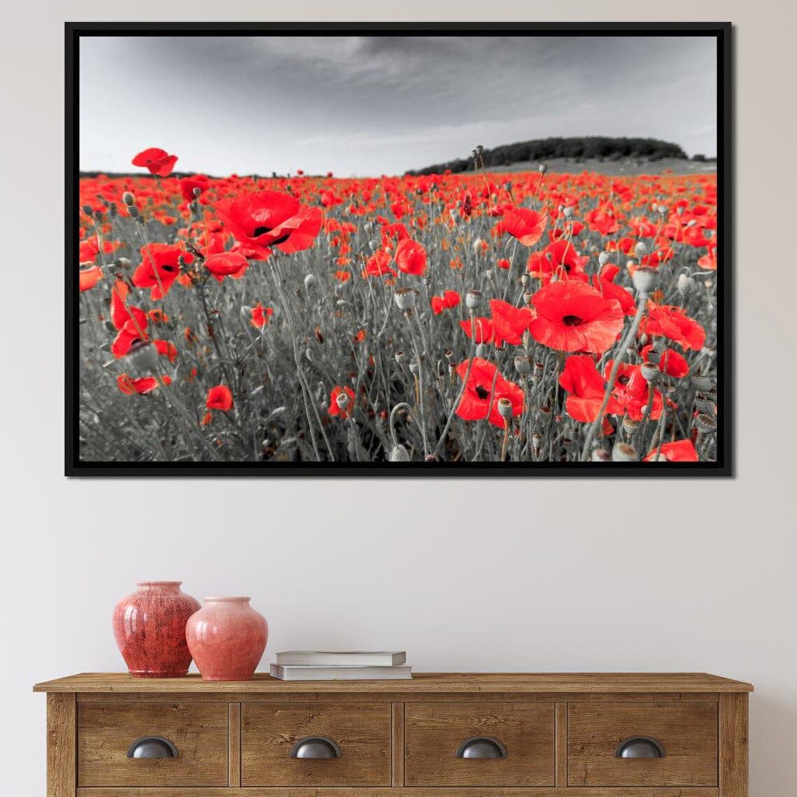 Vibrant Red Poppies Meadow Field Against Black And White Poster - Image 2