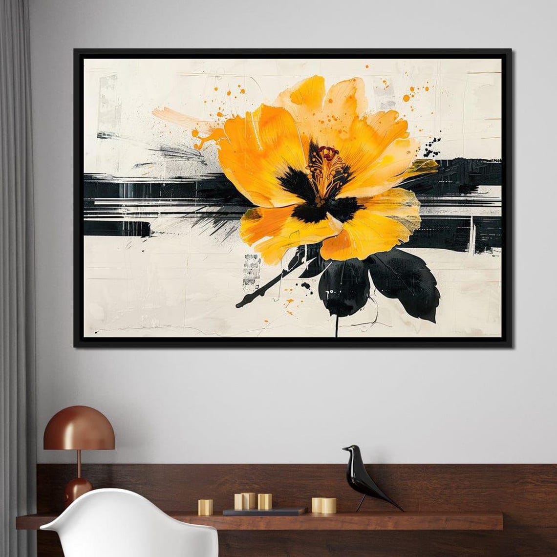 Golden Yellow Flower Black White Brushstroke Abstract Wall Art Print - Image 2