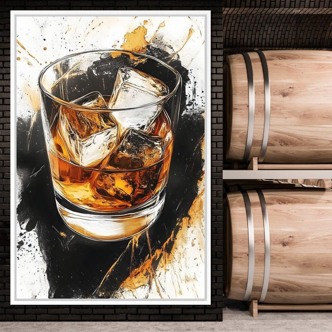 Whiskey Glass With Ice on Bold Black and Gold Splash Art Poster - Image 4