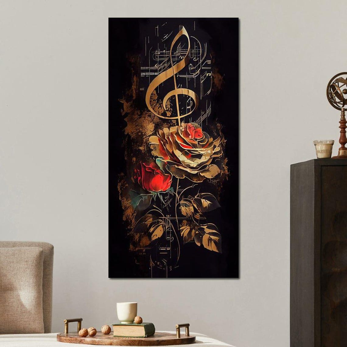 Golden Treble Clef Red Roses Sheet Music Dark Classical Poster - Image 2