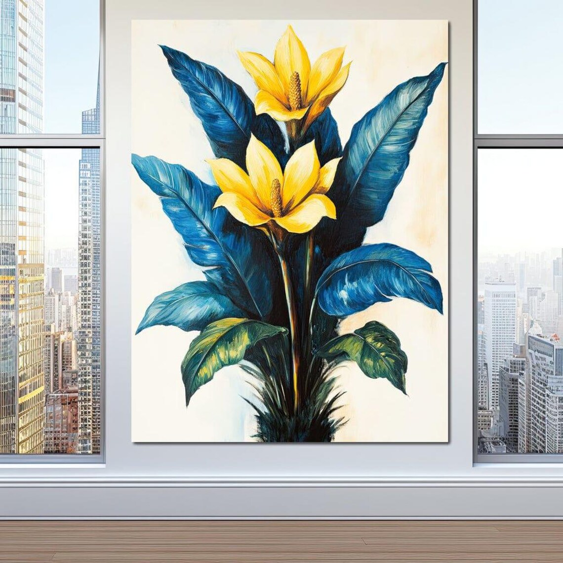 Golden Tropical Blooms With Deep Blue Leaves On White Poster - Image 2