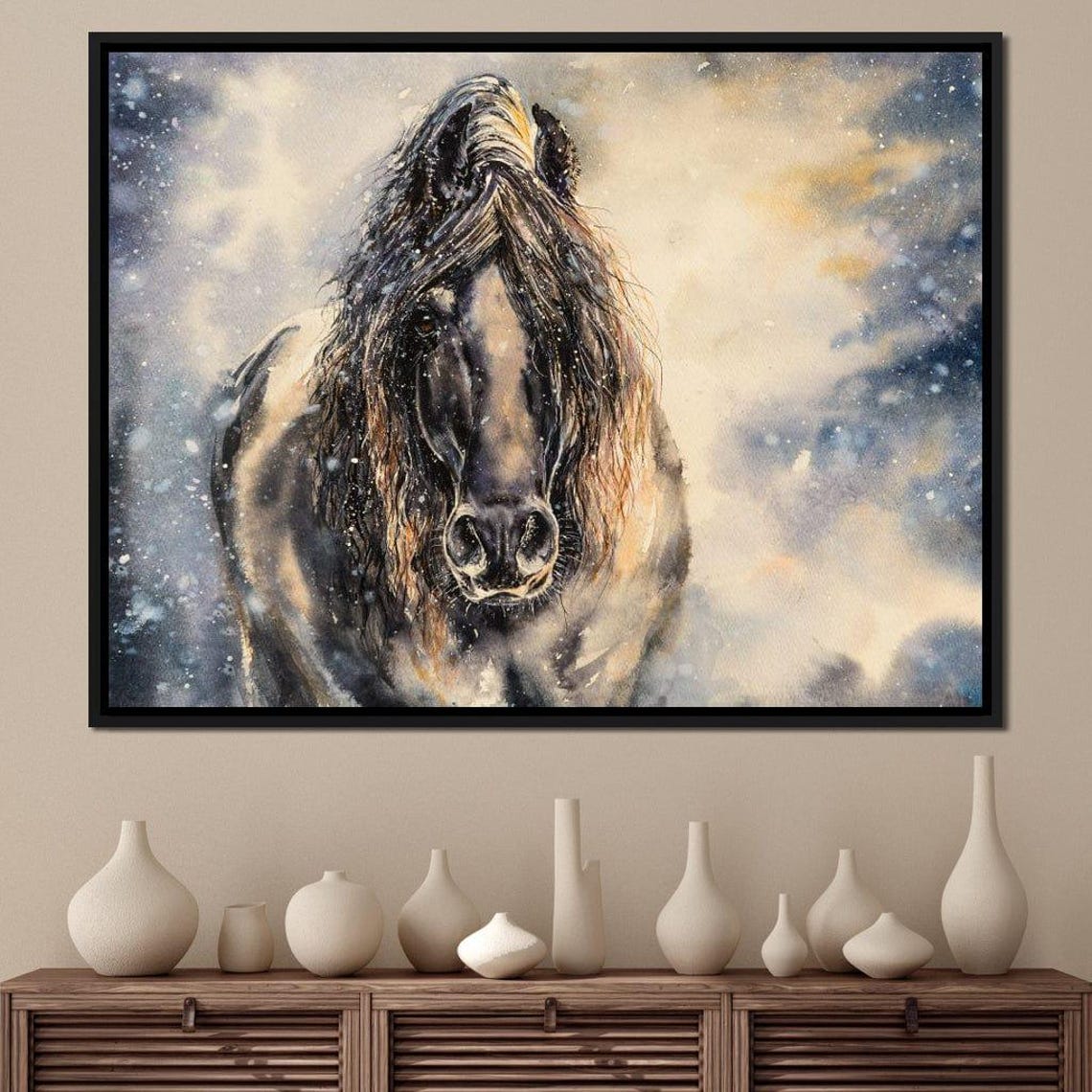 Black Horse Winter Storm Snow Dramatic Equine Portrait Wall Art Print - Image 2