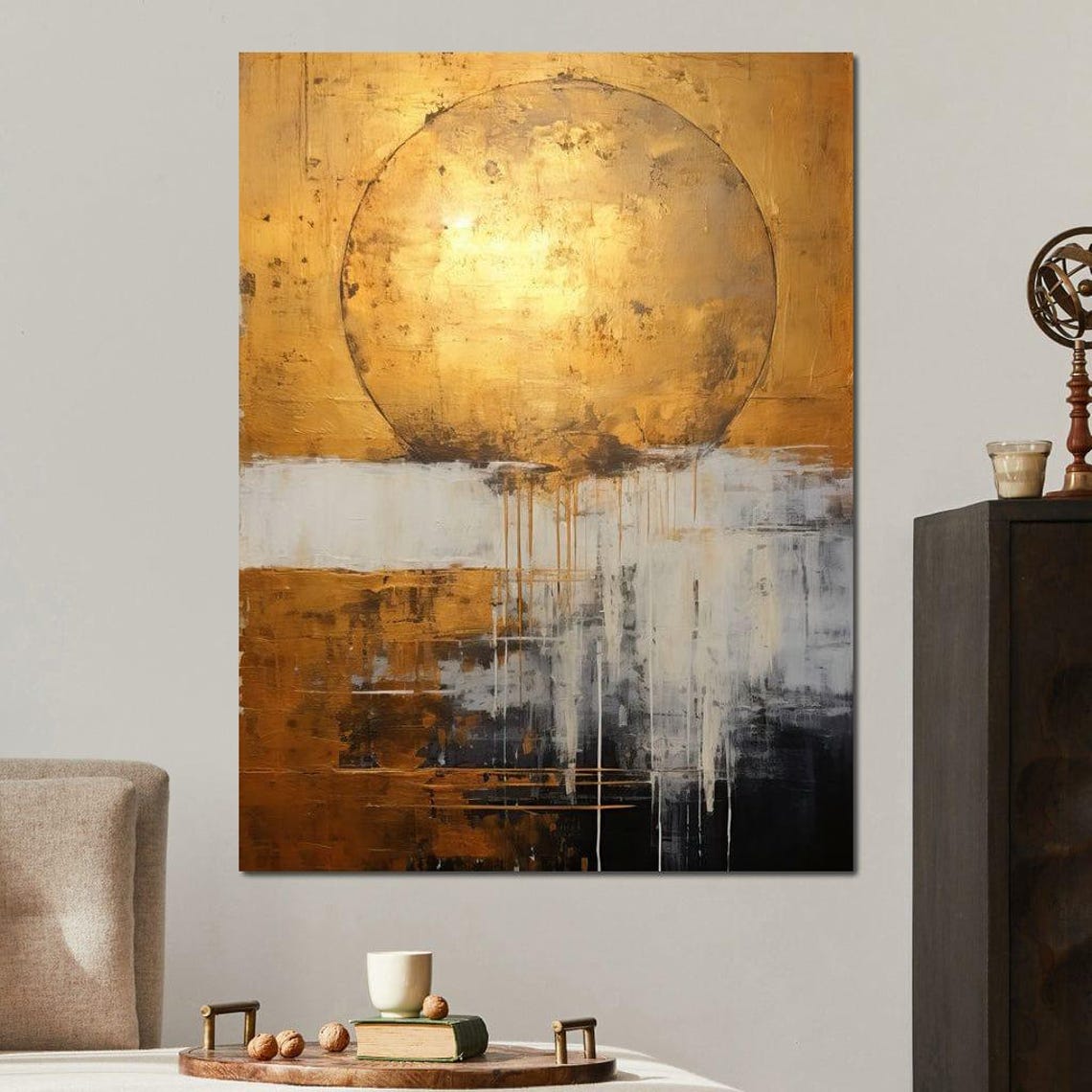 Gold Sun Circle Grey Black Drip Modern Abstract Wall Art Poster - Image 2