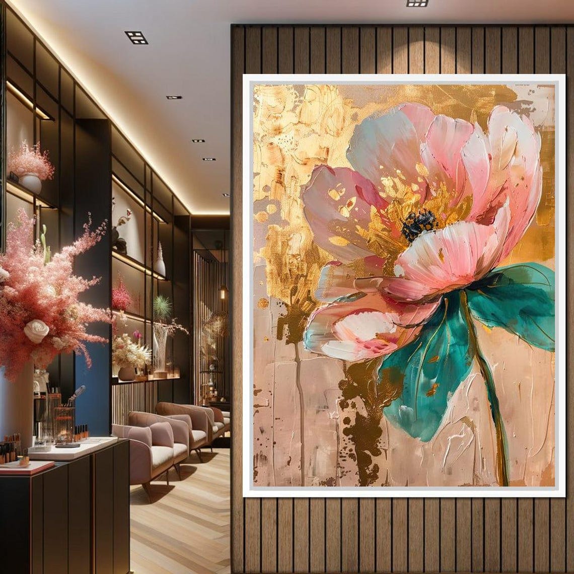 Pink Flower With Gold Leaf Abstract Modern Botanical Wall Art Print