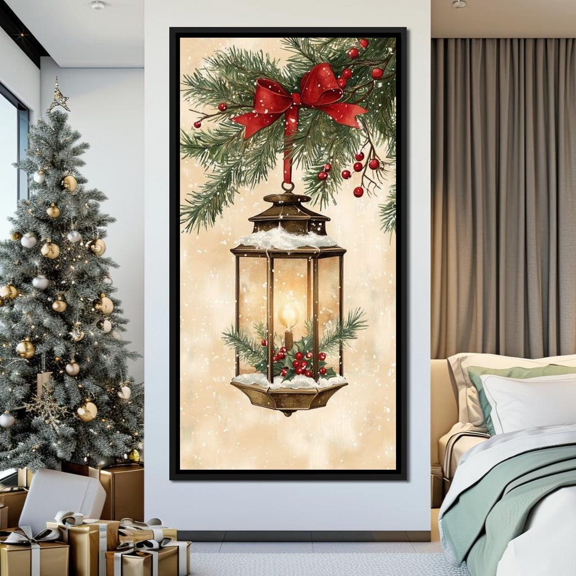 Glowing Christmas Lantern With Red Bow Pine Branches Holiday Poster