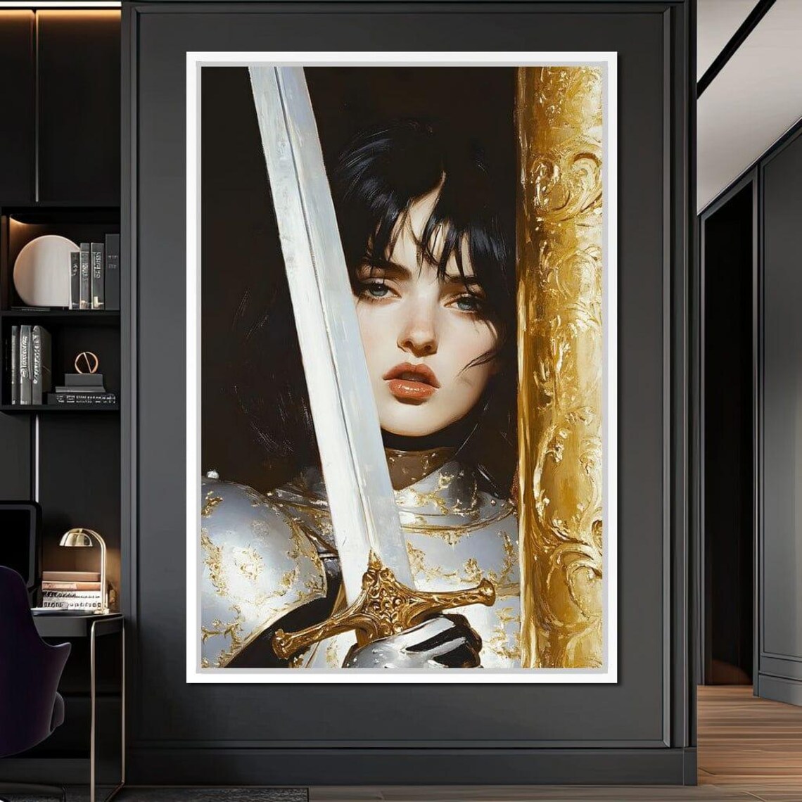 Armored Female Knight Holding a Sword by a Golden Pillar Poster - Image 2