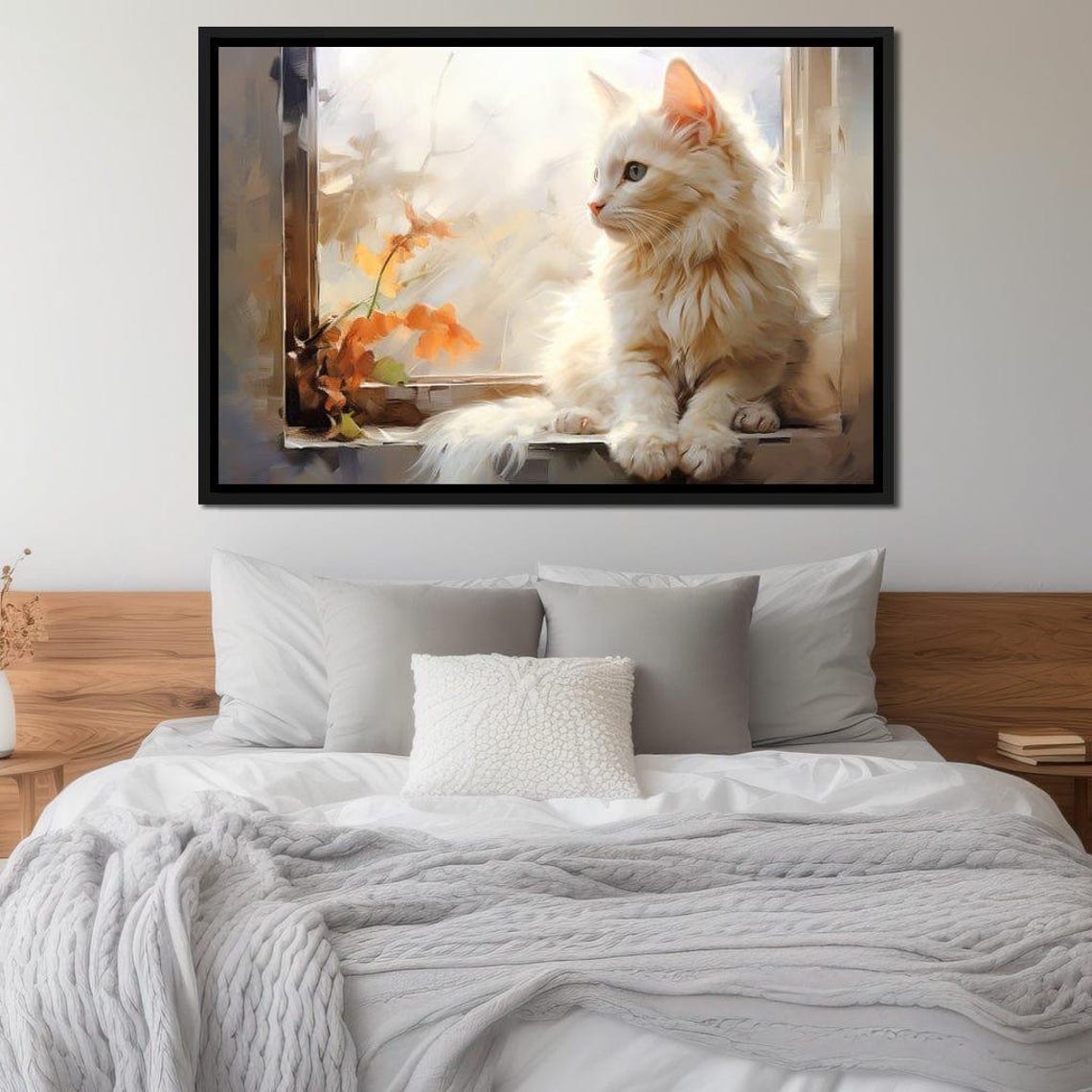 White Fluffy Cat Gazing Out Autumn Windowsill Cozy Art Print - Image 2