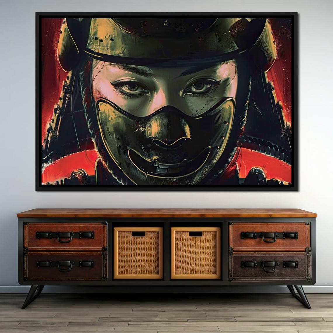 Female Samurai Warrior Helmet Mask Red Background Japanese Art Print - Image 2