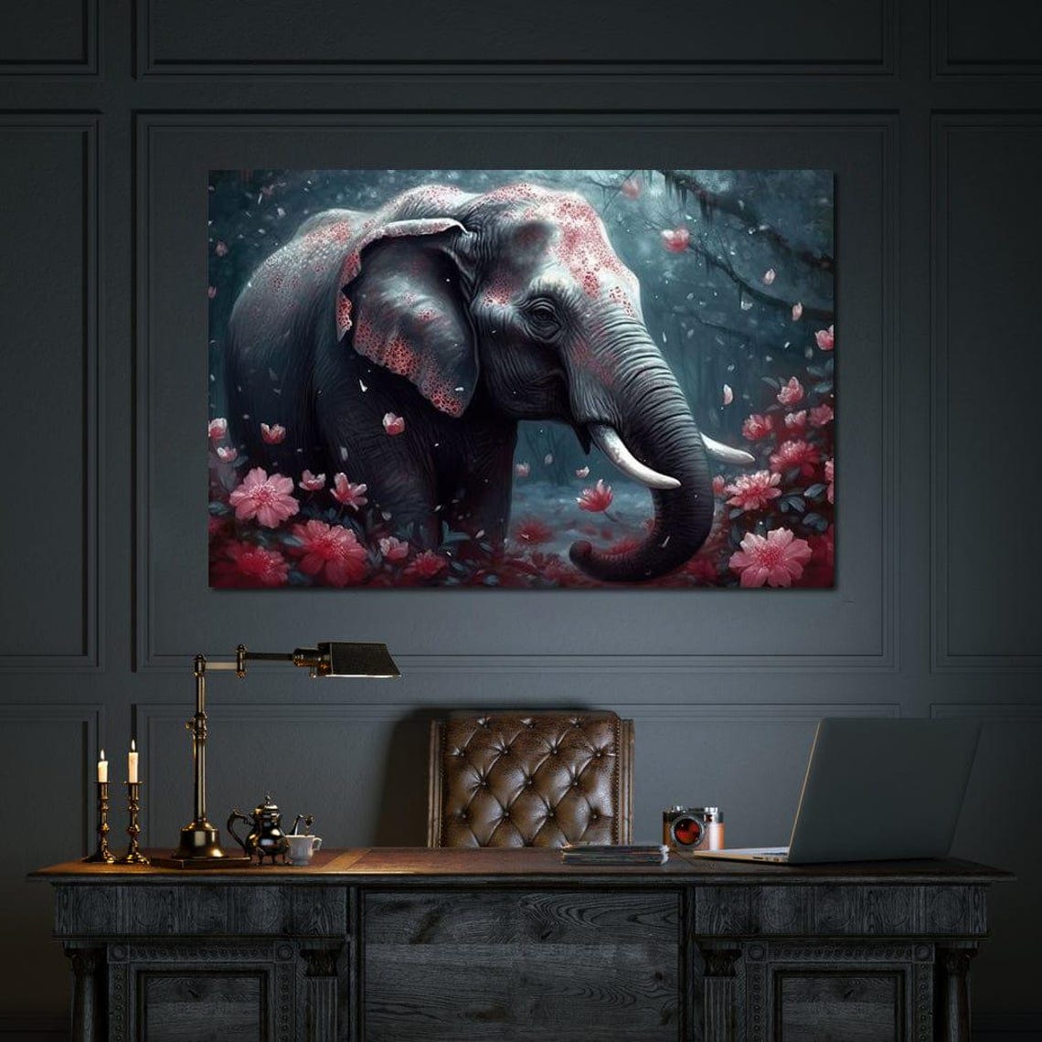 Majestic Elephant Pink Blossoms Misty Forest Nature Inspired Wall Art - Image 2