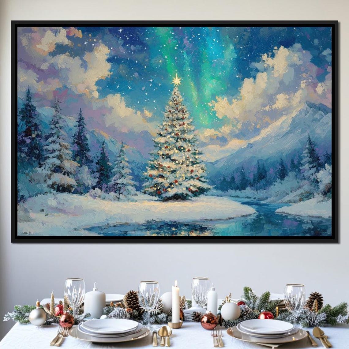 Aurora Over Snowy Christmas Tree Winter River Night Scene Poster