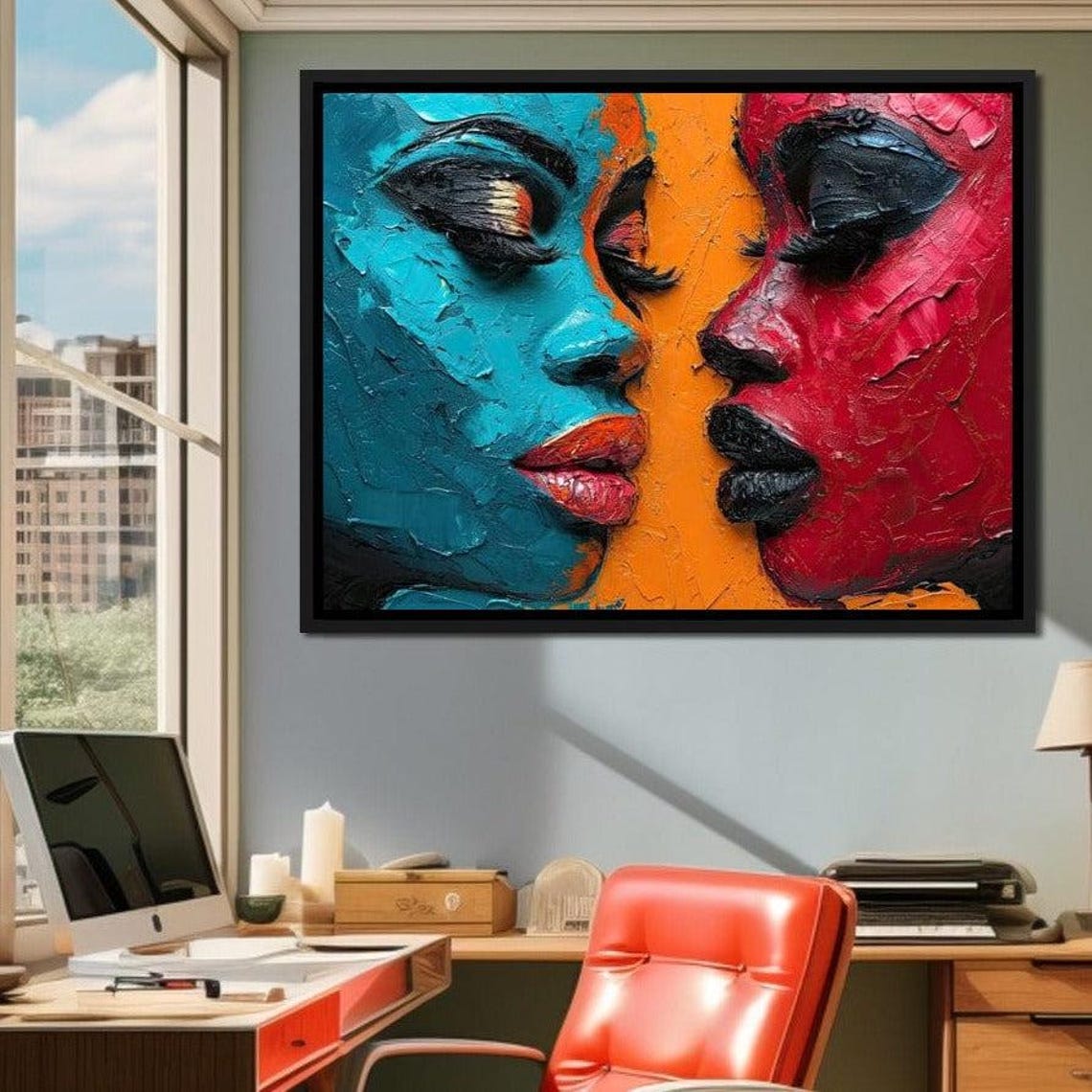Teal And Red Dual Faces Contrast Abstract Palette Knife Art Print