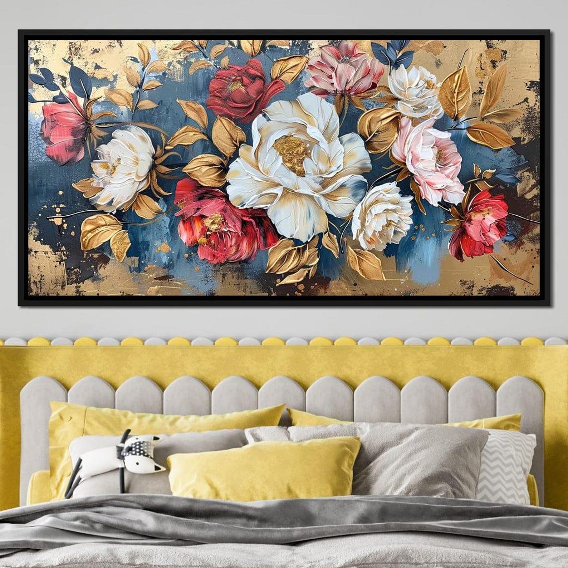 Red White Pink Peonies Gold Leaves On Blue Panoramic Wall Art Poster