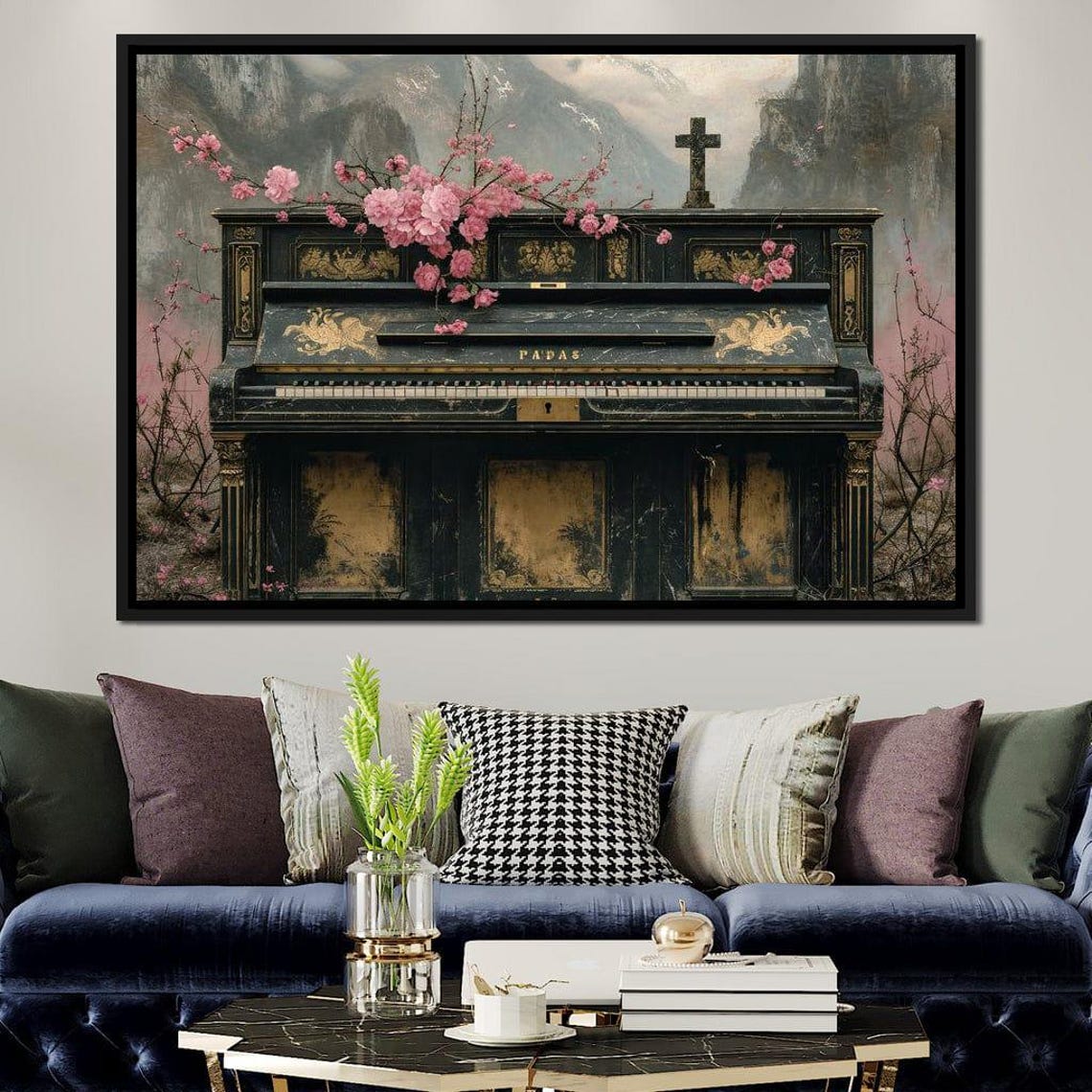 Antique Upright Piano Pink Cherry Blossoms Mountain Scene Art Poster