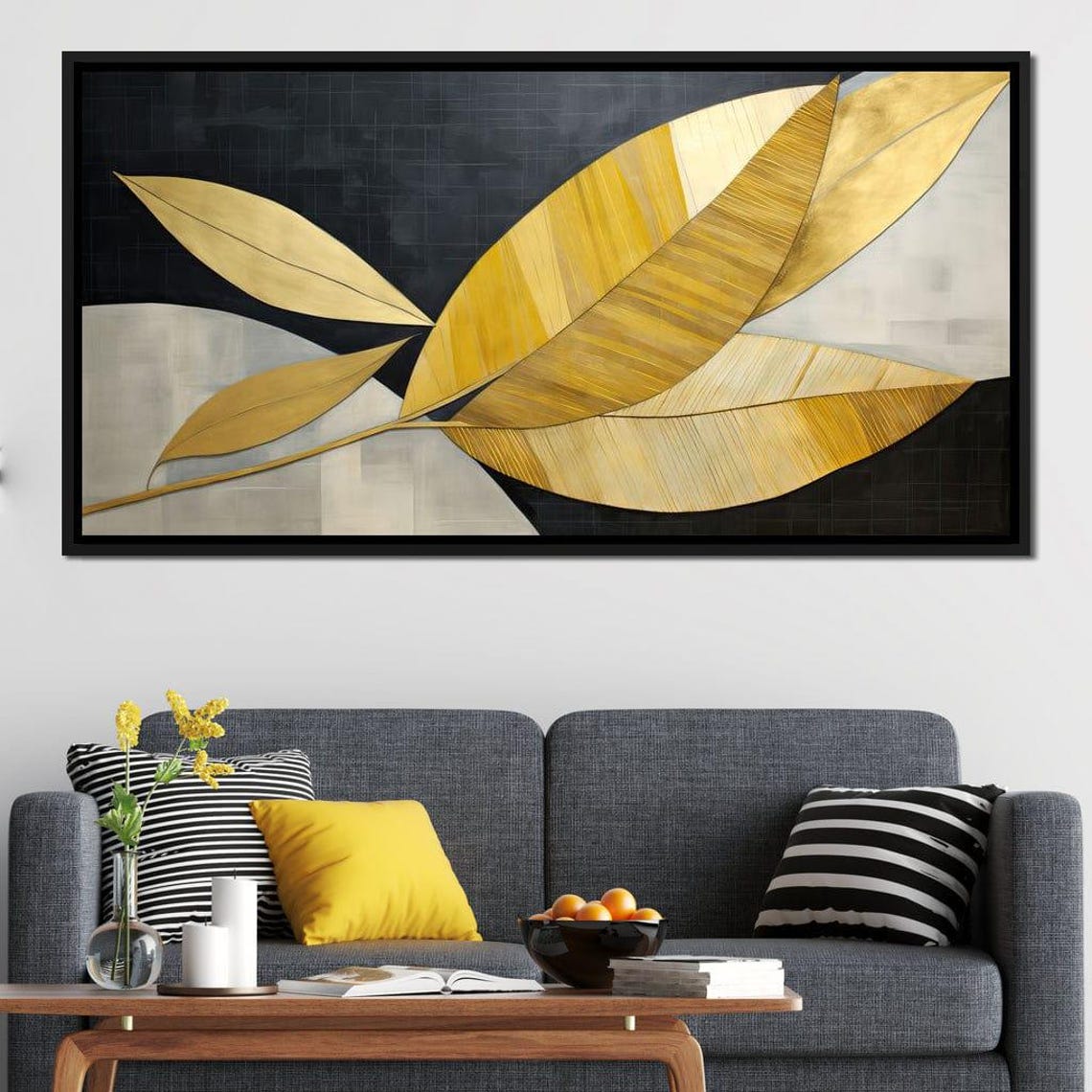 Golden Leaves Branch Black Background Modern Botanical Art Deco Poster - Image 3