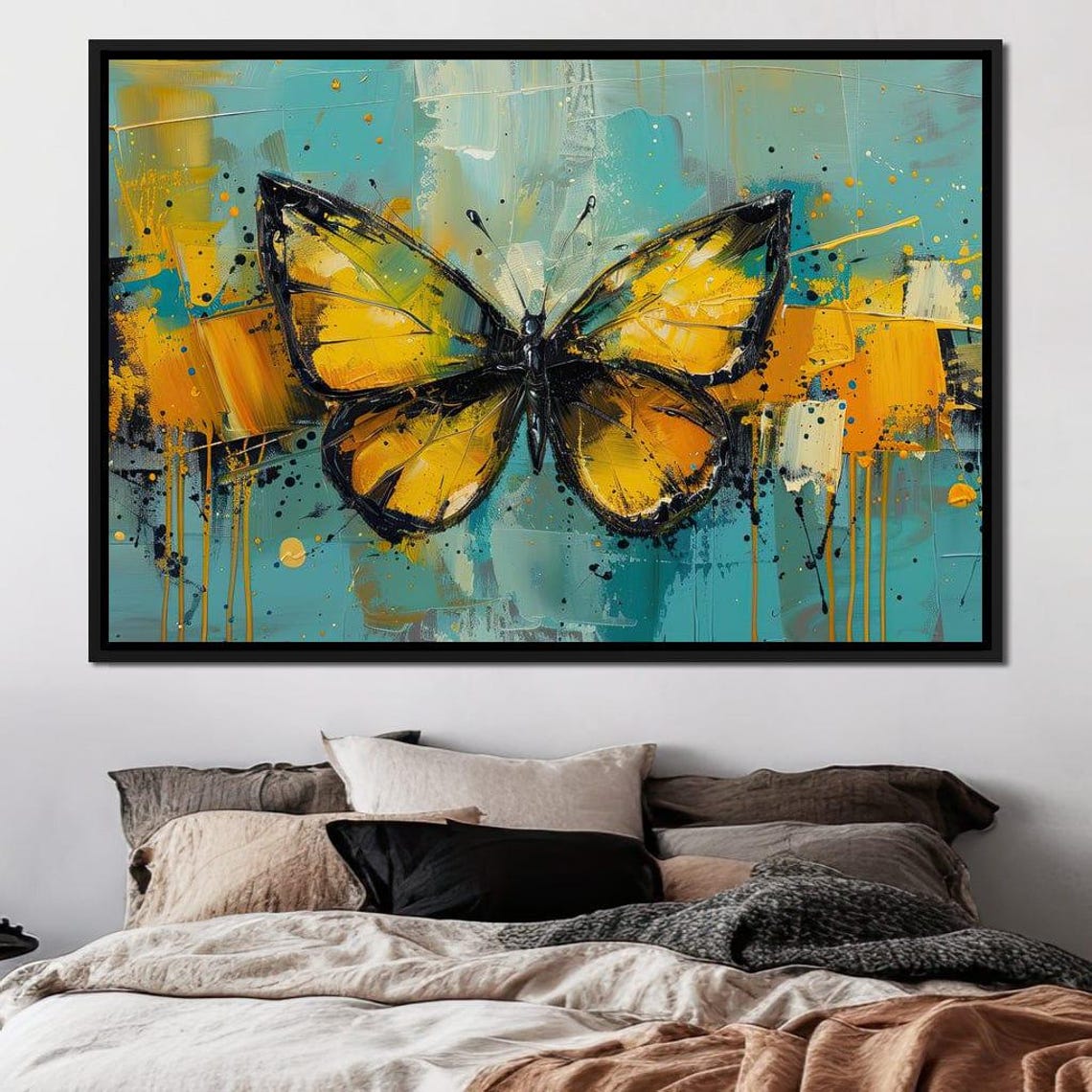 Golden Yellow Butterfly Abstract Teal Splash Five Panel Canvas Poster - Image 3