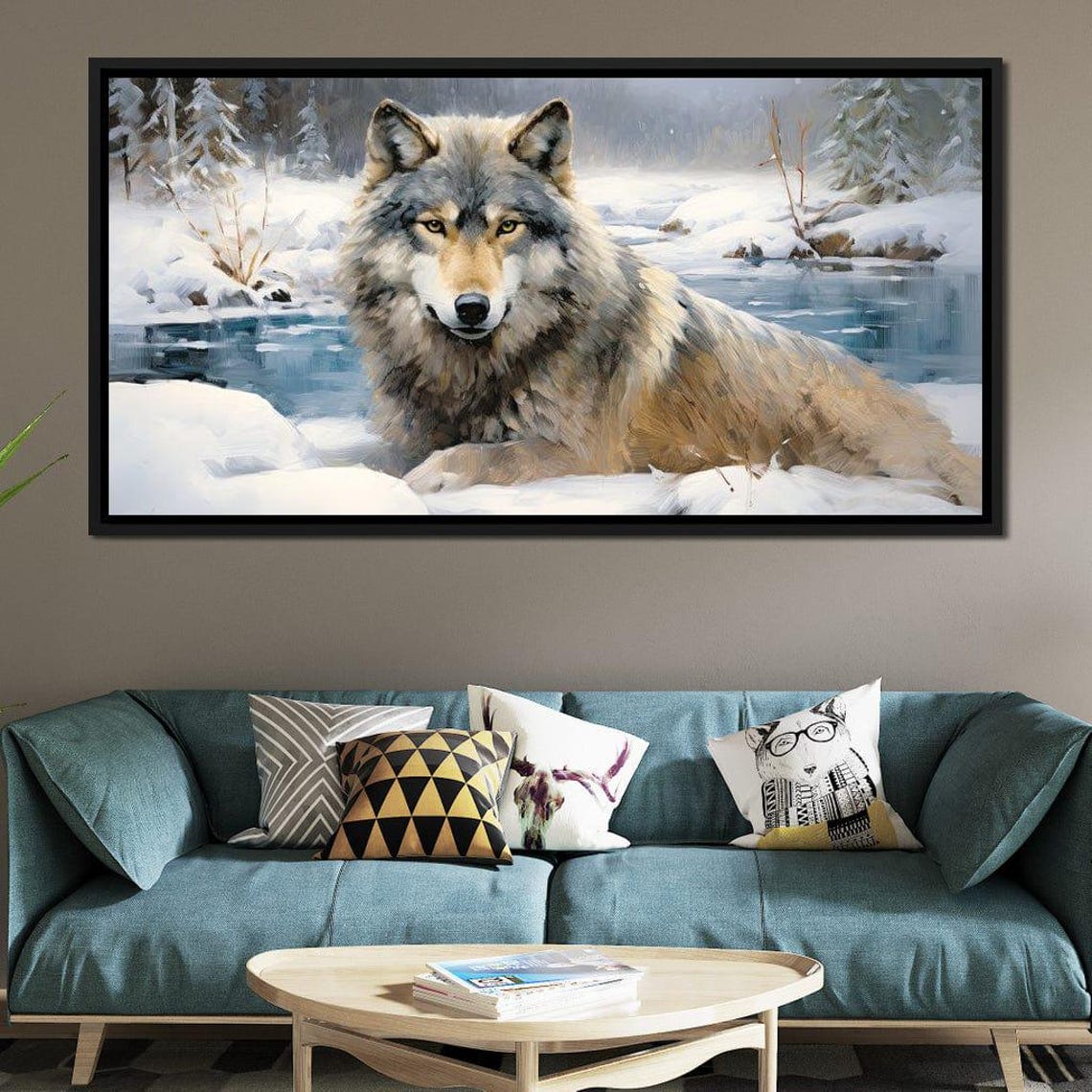 Majestic Grey Wolf Snowy Forest Stream Winter Wildlife Art Poster