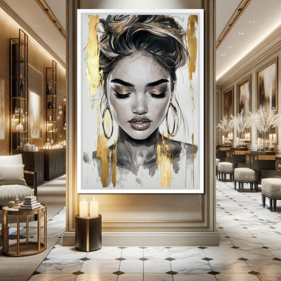 Golden Brushstroke Woman Portrait With Hoop Earrings Modern Art Poster - Image 2
