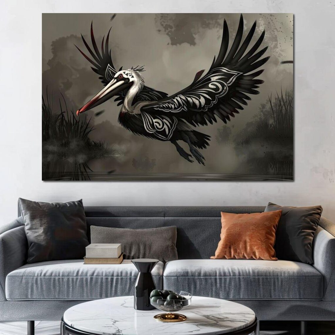 Majestic Pelican Flight Monochrome Tribal Wings Coastal Wall Art - Image 2