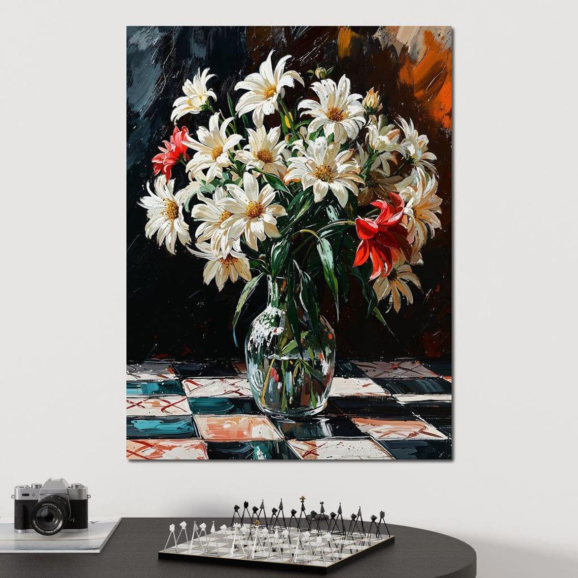 White Daisies Red Accent Glass Vase Checkerboard Still Life Print - Image 3