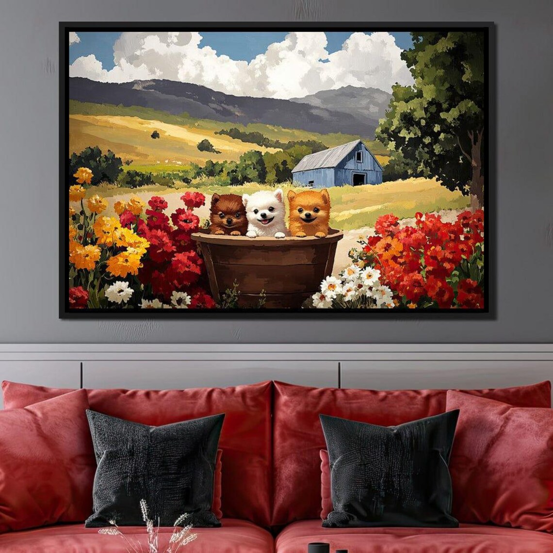 Three Cute Puppies In A Wooden Tub Among Wildflowers Farm Poster - Image 2
