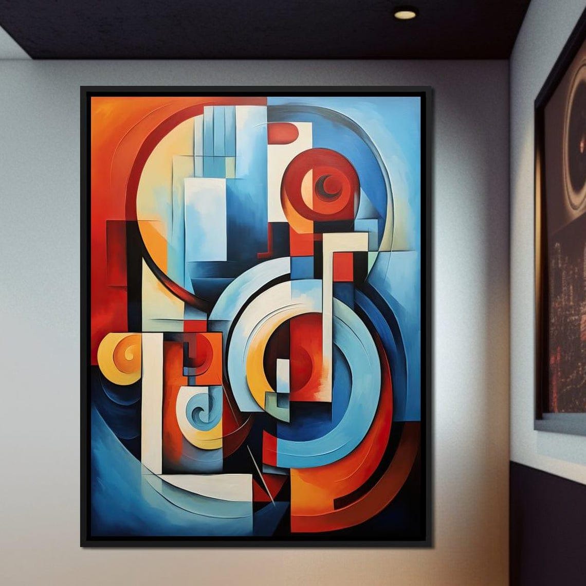 Red Blue Cubist Geometric Circles Framed Abstract Wall Art Poster