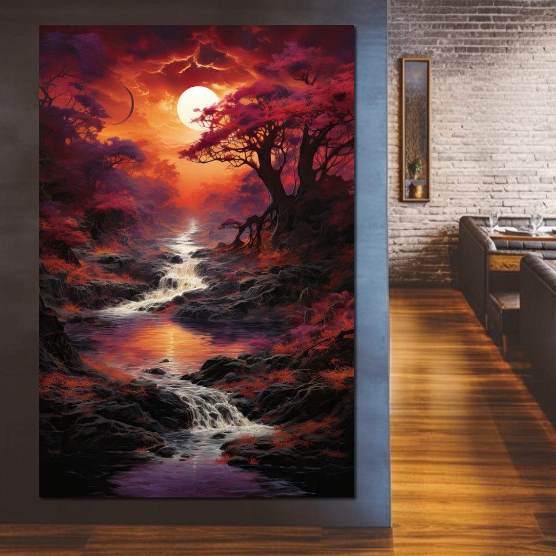 Sunset River Dreamscape Vibrant Fantasy Waterfall Landscape Poster - Image 4