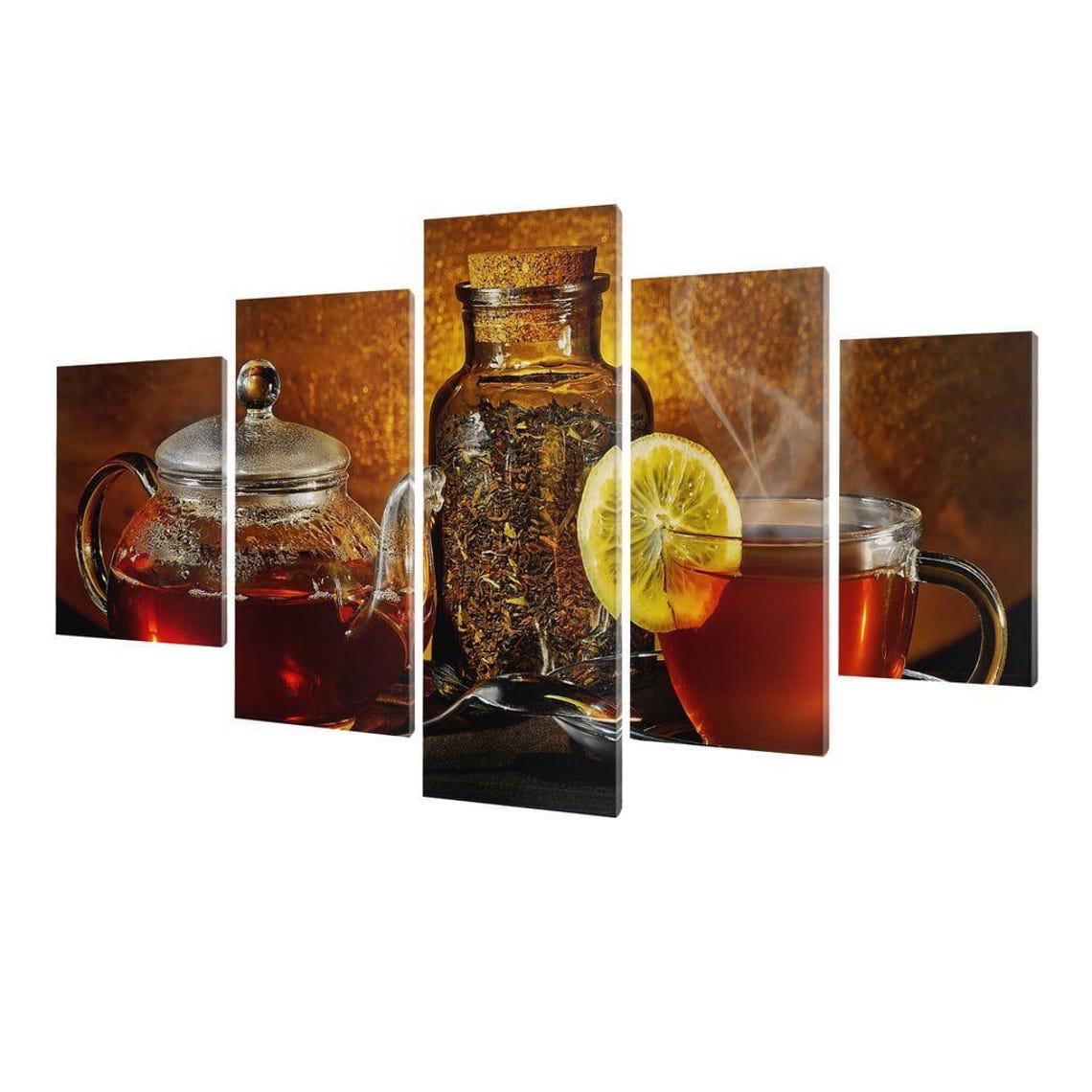 Glass Teapot Lemon Tea Still Life Golden 5 Panel Kitchen Wall Art - Image 3