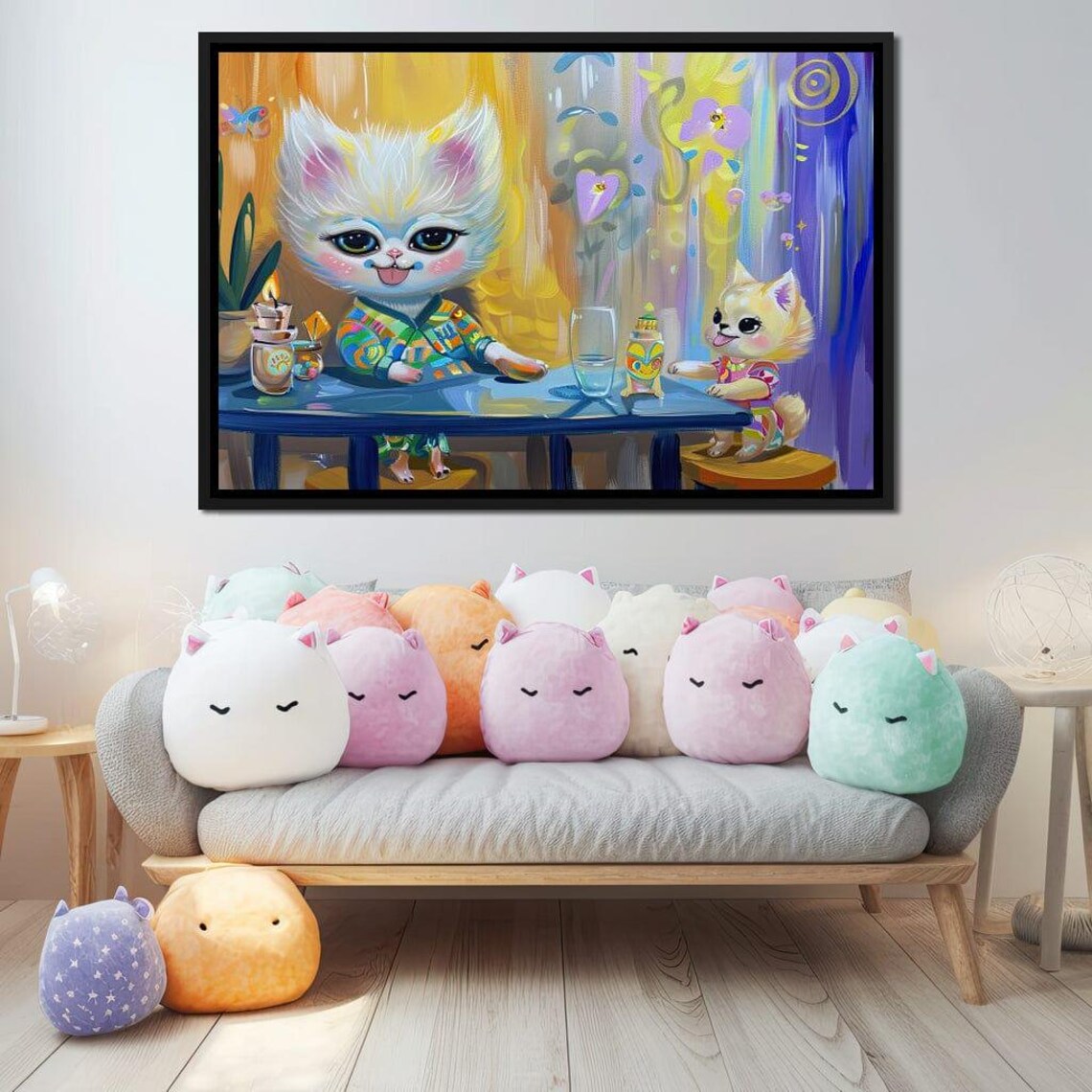Playful White Kitten Blue Table Party Colorful Kids Room Wall Art Poster - Image 3