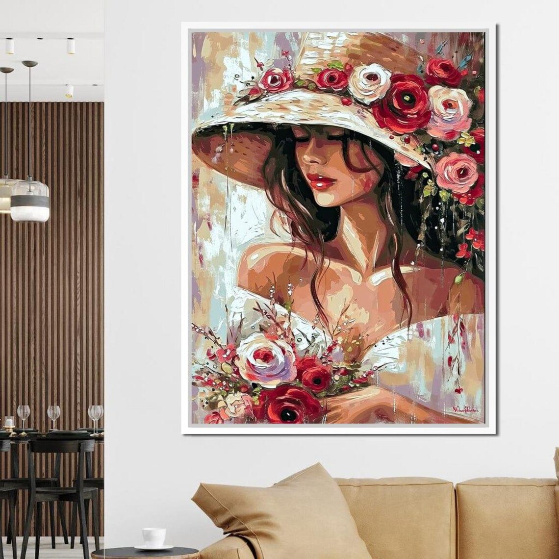Woman Rose Covered Straw Hat Red Pink Roses Floral Art Print - Image 3