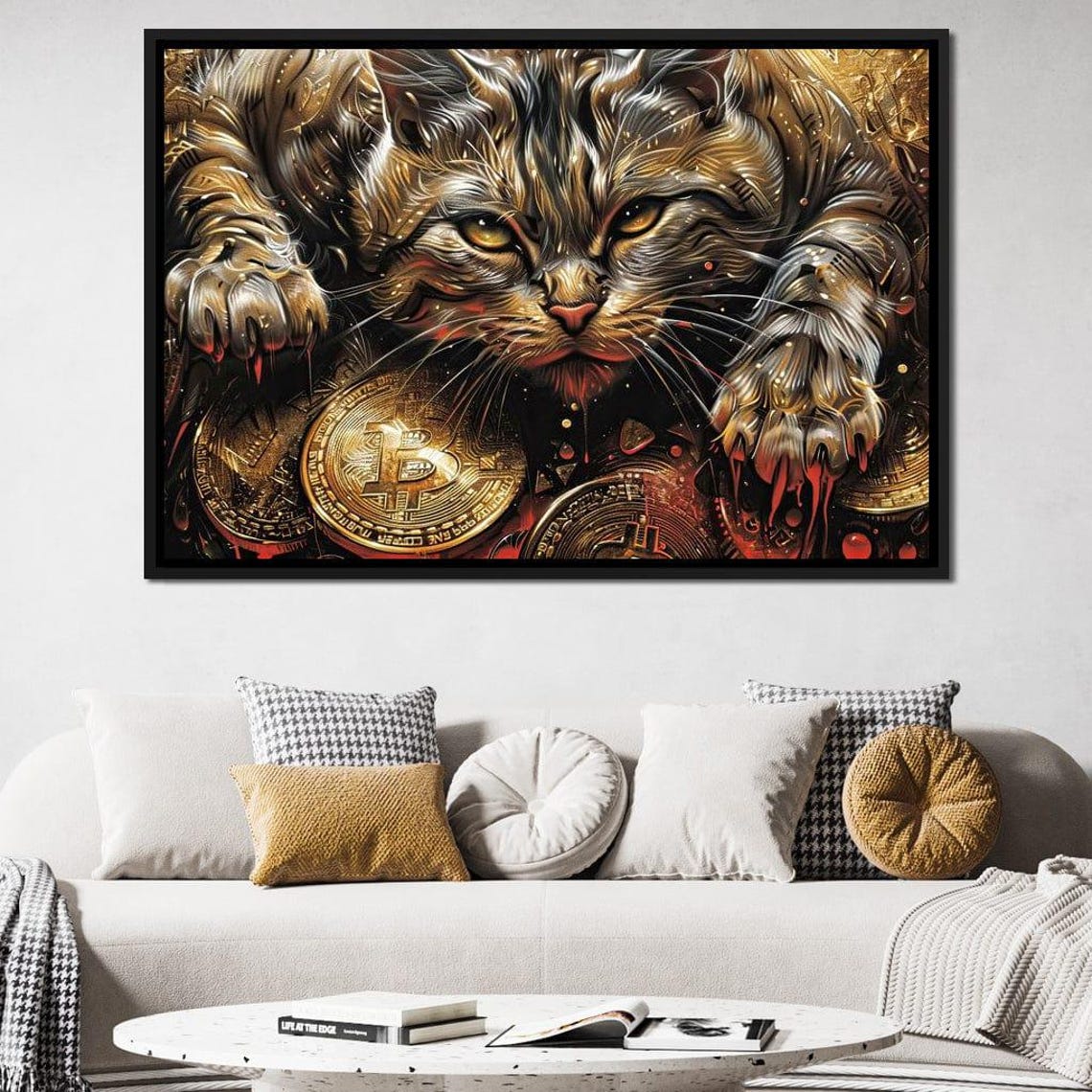 Golden Crypto Cat Guardian Bitcoin Coins Dramatic Feline Wall Art - Image 2