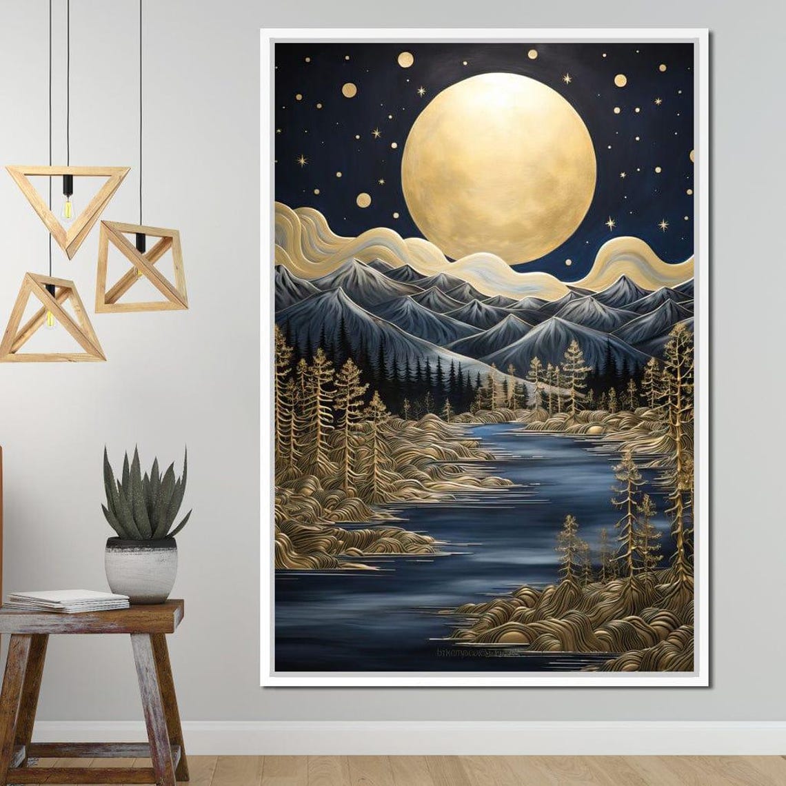 Golden Full Moon Mountain Night Lake Starry Sky Travel Poster - Image 3