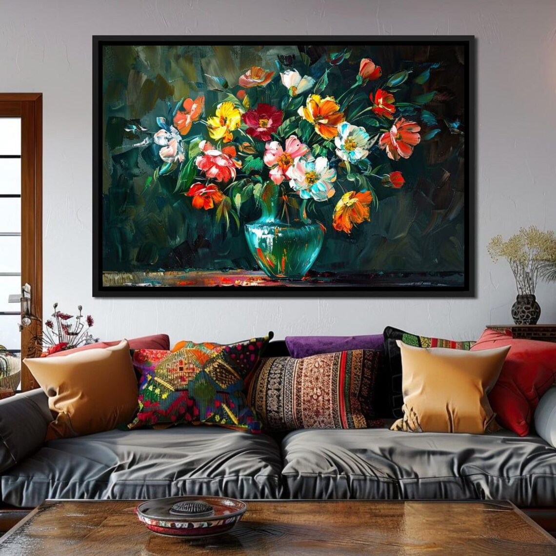 Colorful Garden Bouquet Oil Painting Green Vase Floral Wall Art Poster - Image 2