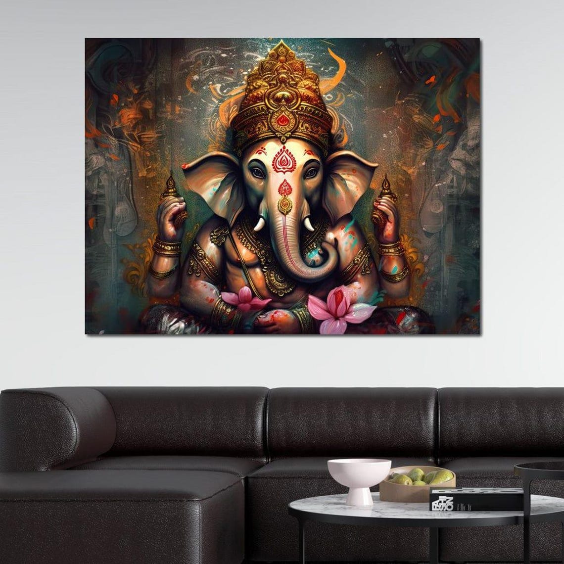 Lord Ganesha Golden Crown Lotus Blossoms Sacred Hindu Blessing Poster - Image 2