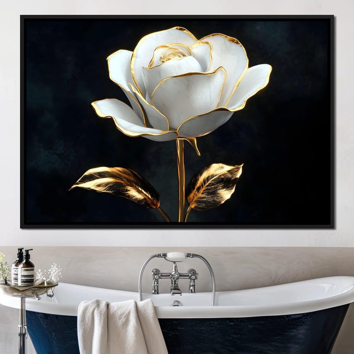 Large White Rose With Gold Edged Petals On A Dark Black Poster - Image 3