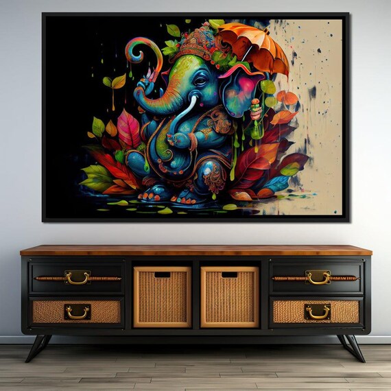 Blue Ganesha Dancing Under Umbrella Vibrant Rainbow Floral Art Poster