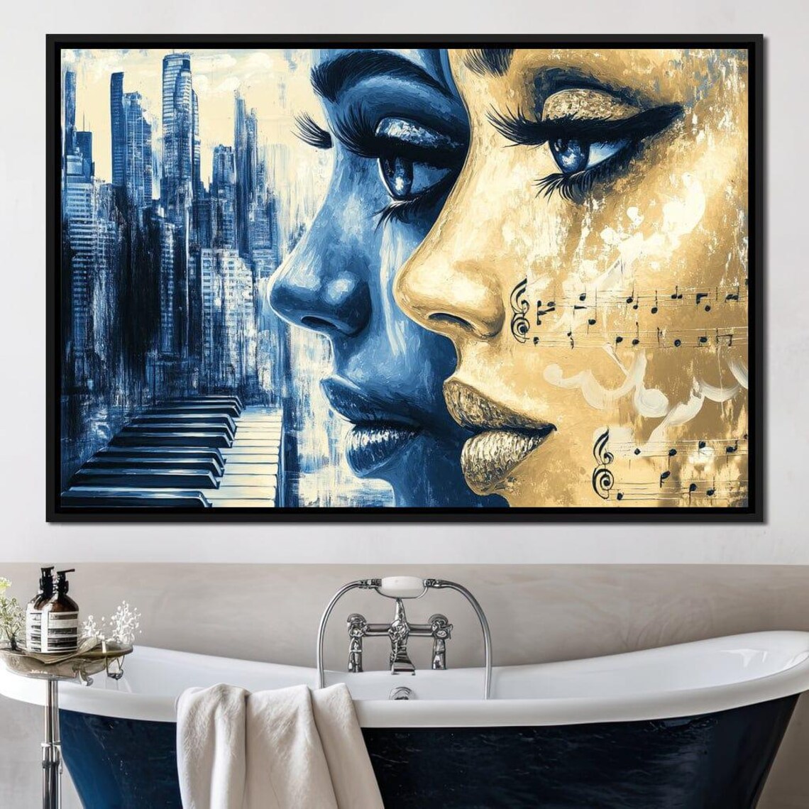 Blue And Gold Woman Profile Music Notes City Skyline Art Poster