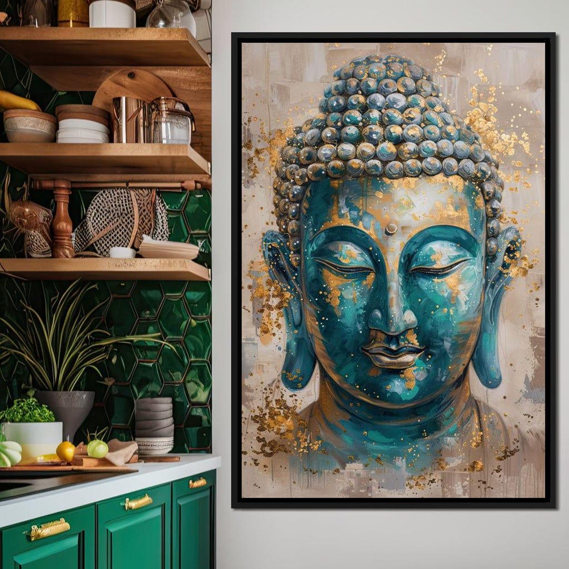Teal Blue Buddha Face Gold Leaf Calm Meditation Zen Wall Art Poster - Image 3