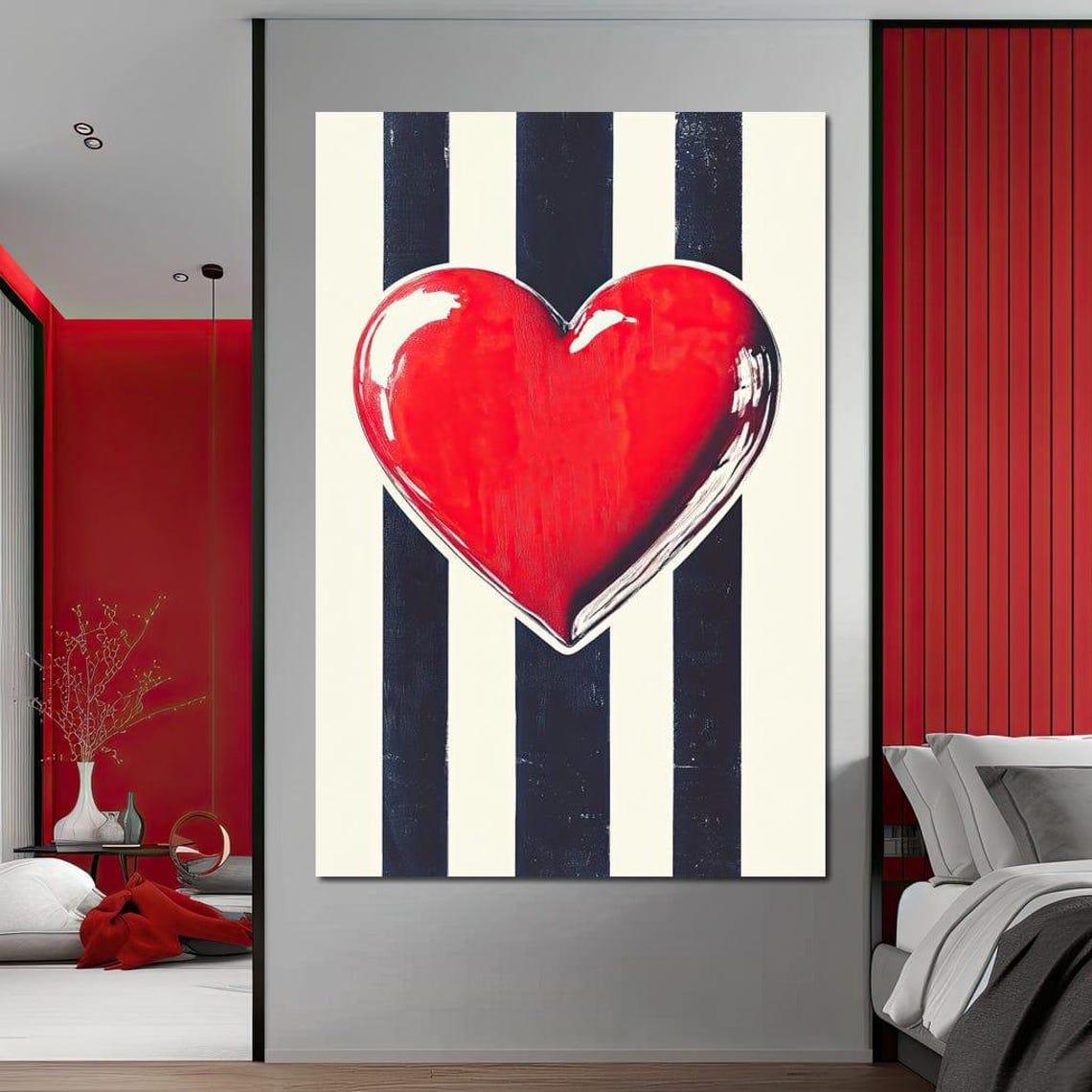 Glossy Red Heart On Black And White Stripes Modern Love Poster - Image 3