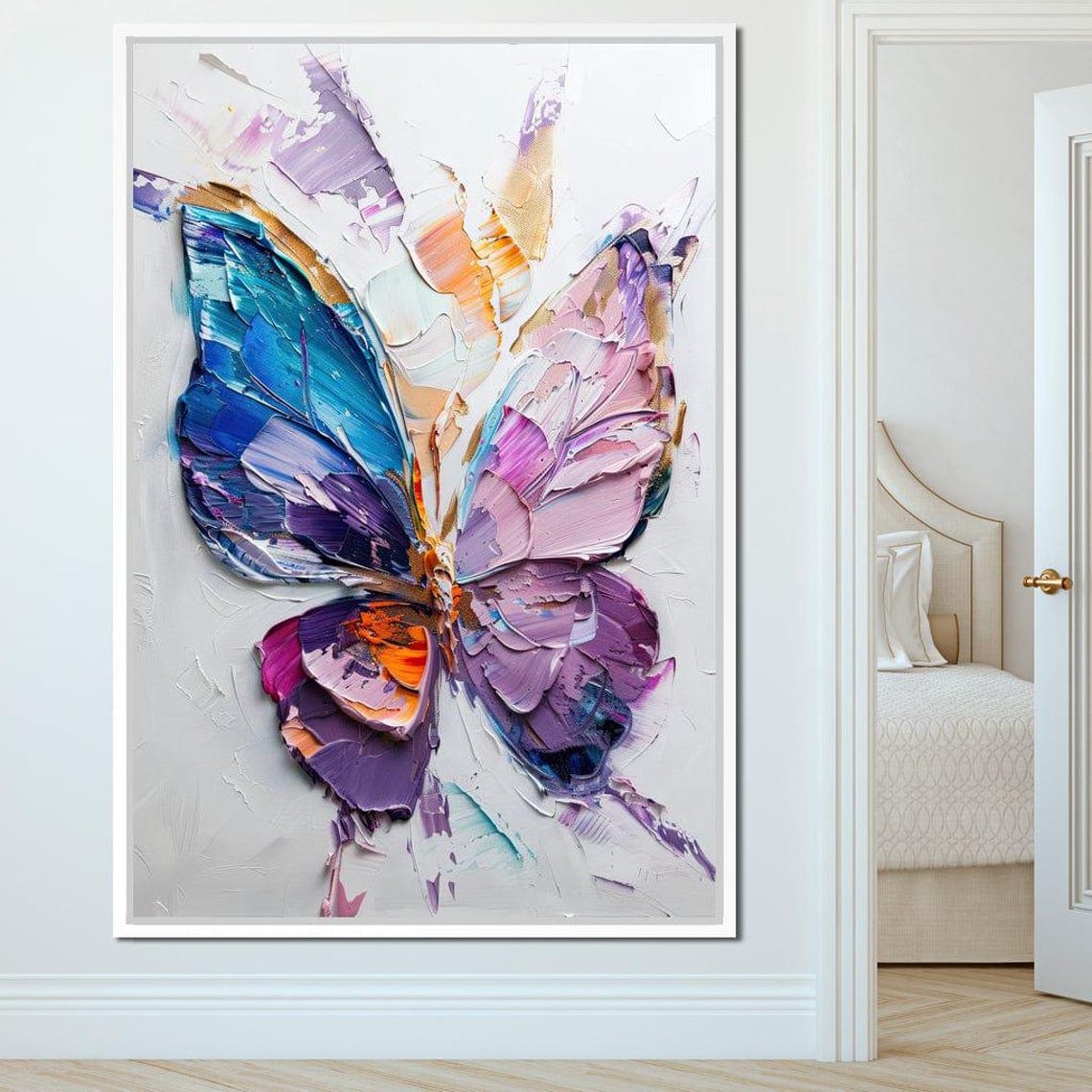 Iridescent Butterfly Blue Purple Pink Impasto Wings White Wall Art
